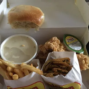 Lady Mustang Dinner w/fries, fried pickles and a roll!