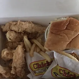 Lady mustang dinner with fries, fried pickles and roll!!