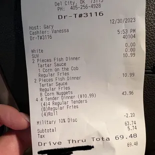 the receipt for the chicken express