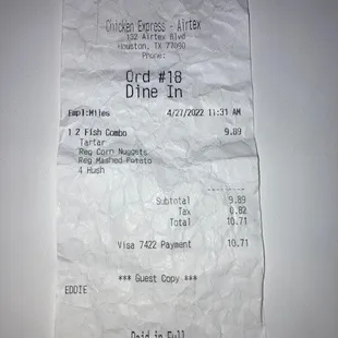 the receipt for the chicken express