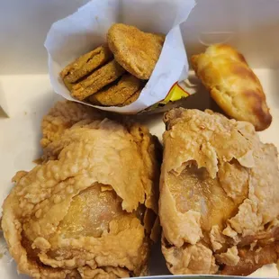 2 piece thigh, fried pickles, and a biscuit