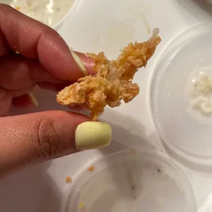 a hand holding a piece of fried chicken