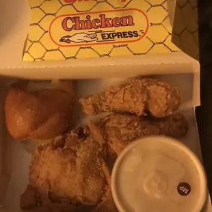 3pc dark with roll. Added side of mashed potatoes and a large Coke to make it a meal, and a cherry pie on top of that. Under $10 after tax.