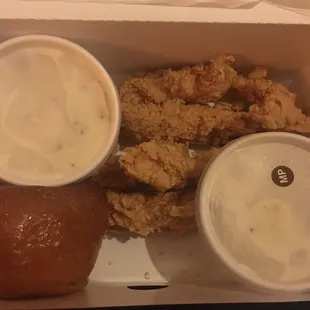 My #1 combo 4pc tenders came w/large drink for $7.57 after tax. One of the tubs is white gravy; you pick the other side &amp; biscuit/roll
