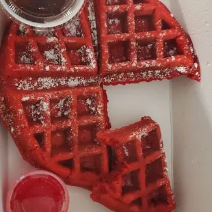 Red velvet waffle with syrup