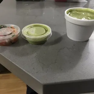 One pico, one green sauce for HALF of WHOLE chicken order! Seriously???!? Had to pay for a small one. Please provide enough condiments