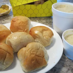 Yeast rolls, mashed potatoes and gravy