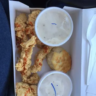 The #1 combo with gravy, mash potatoes and biscuit. Thank god for the hot sauce!!