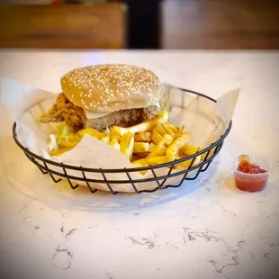 a basket of fries and a hamburger
