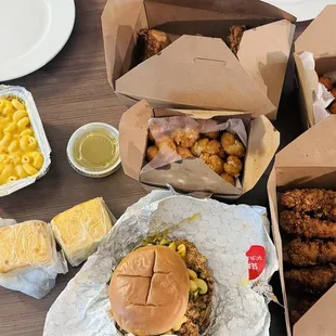Mac n Cheese, Tender Tuesday Dinner Special Buy 6, get 6 half off, Cornbread, Tater Tots