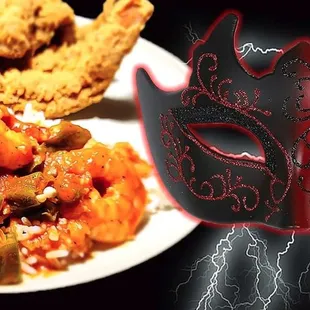 a plate of fried chicken and a masqueraded mask