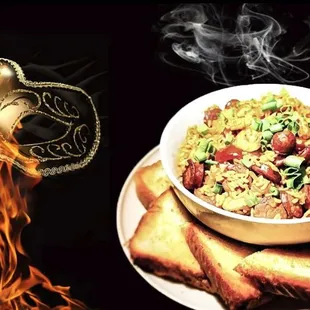 a plate of food and a mask