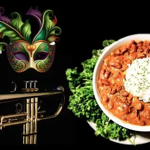 a bowl of chili and a trumpet