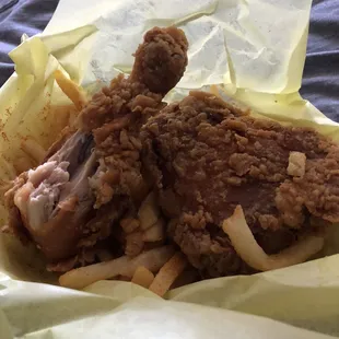 2 Piece Dark Chicken Combo with French-Fries and a Drink (also came with two slices of bread that aren't in the picture)