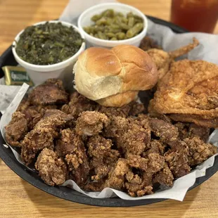2 Piece Chicken &amp; Chicken Livers Dinner w/ Mixed Greens, Green Beans, Coleslaw &amp; Roll.