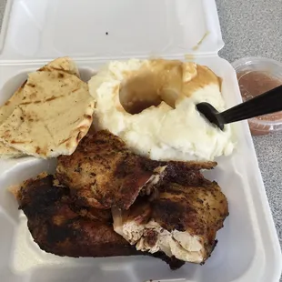 Quarter chicken, mashed potatoes. $7.55