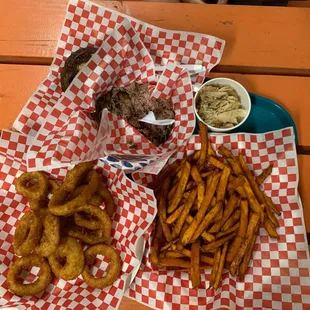 Ala carte pulled pork, sweet potato fries, chicken (under the pulled pork). Servings are large!