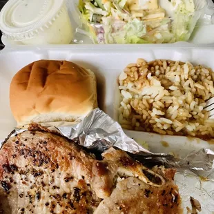Grilled Pork Chop Dinner Plate.. rice &amp; gravy with Small Side Salad