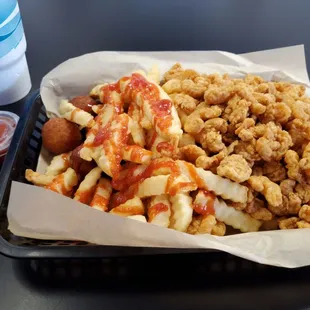 Popcorn Shrimp w/fries, hushpuppies &amp; a large sweet tea.