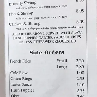 Updated Menu, prices have changed
