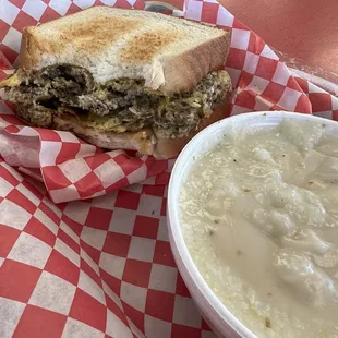 a bowl of soup and a sandwich