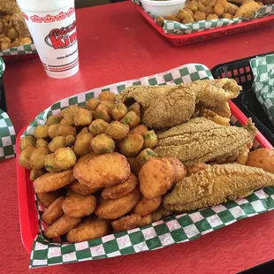 3 Pick Combo at Chicken King in Chester, SC! I got trout, perch, and shrimp, okra and squash on the side Chicken fingers was the 4th pick.