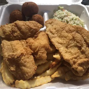 Flounder Plate with Fries, Slaw and 3 Hushpuppies