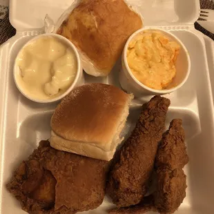 3 piece dinner w/ mashed potatoes &amp; macaroni + sweet cornbread