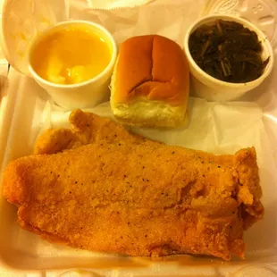 Fried catfish with mixed greens and  mashed potatoes