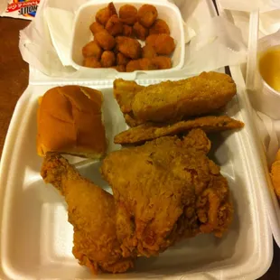 Fried okra, potato wedges and fried chicken