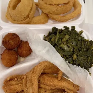 Salt and pepper catfish with collard greens and onion rings
