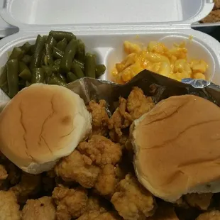 Calabash Chicken,  Green beans,  Mac &amp; Cheese