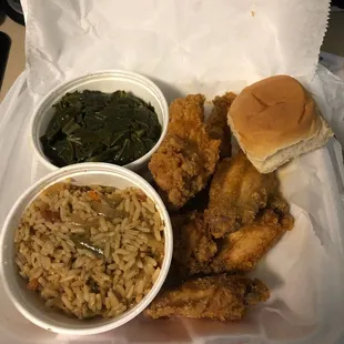 6 party wings with Cajun rice and collards