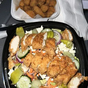 Greek chicken salad and a side of okra