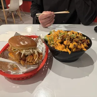 Chicken Sandwich chicken and shrimp rice bowl