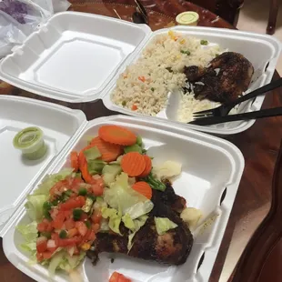 1/4 chicken with salad and veggies and the other with rice