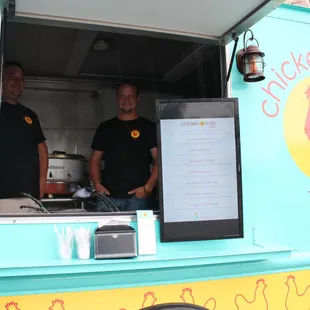 Owners Casey and Jarod inside the Chicken Mac Truck.