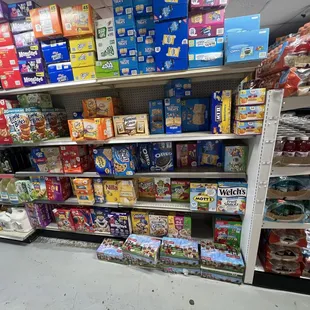 a variety of food items on shelves