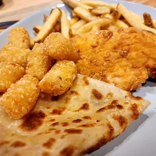 Chicken and Quesadilla with tots and fries.