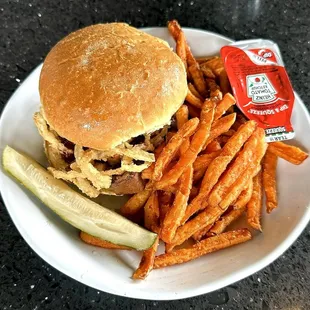 Chopped Burnt Ends Sandwich with Sweet Potato Fries