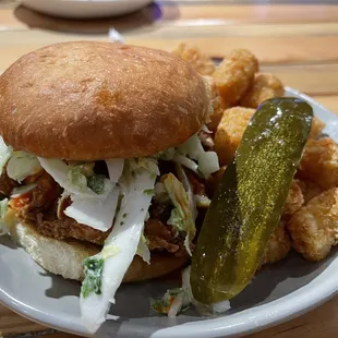 NKC hot chicken sandwich with tots