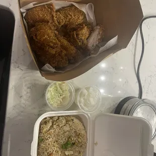 8 piece soy garlic with fried rice. Comes with pickled radishes and coleslaw.