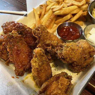 Half sweet and spicy, half honey lemon pepper wings