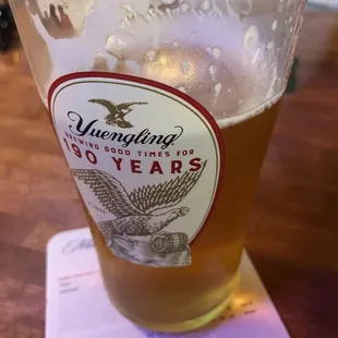 Ice cold local craft beer Fretboard in Yuengling glass