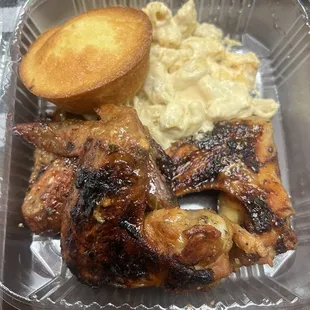 No 5 Rotisserie chicken three wing platter with Mac &amp; cheese and cornbread