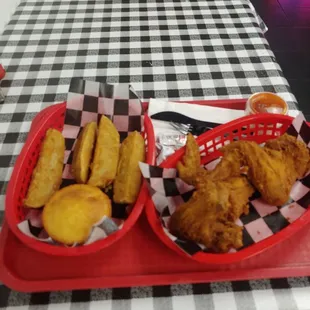 Wings, wedges and cornbread