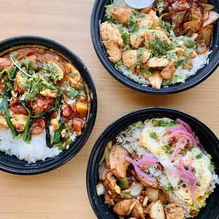 Soy garlic chicken plate, chicken tikka masala, Turkish chicken plate