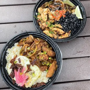 Brazilian Chicken Plate (bottom left) Soy Garlic Chicken Plate (top right)