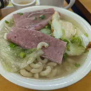 Ham and egg with macaroni after noodle flip