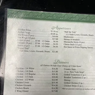the menu for the chicken place